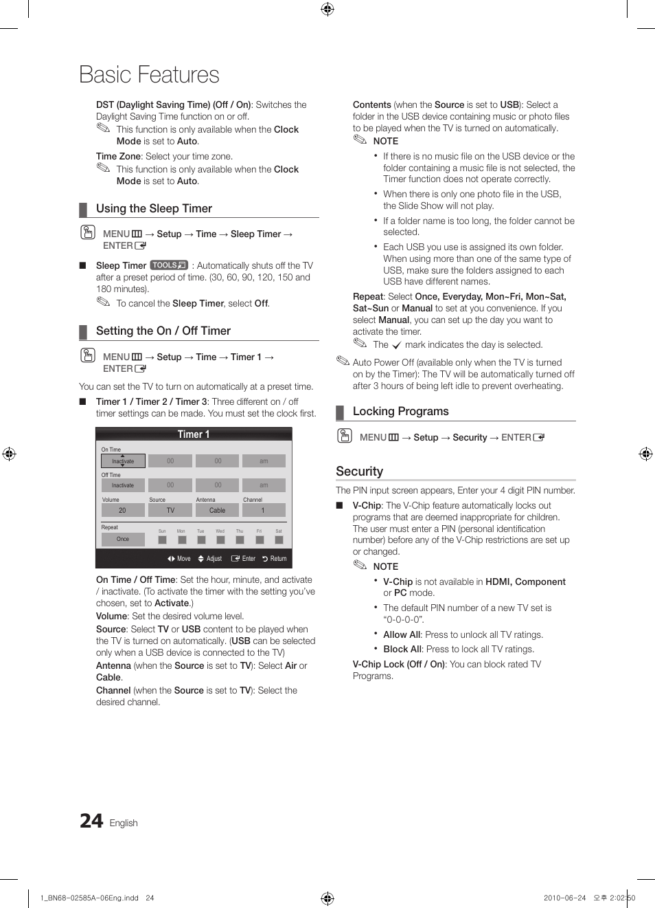 Basic features, Security | Samsung PN63C7000YFXZA User Manual | Page 24 / 198