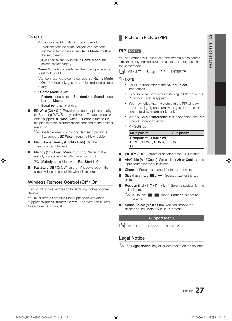 Support menu, Wireless remote control (off / on), Legal notice | Samsung PN63C7000YFXZA User Manual | Page 27 / 198