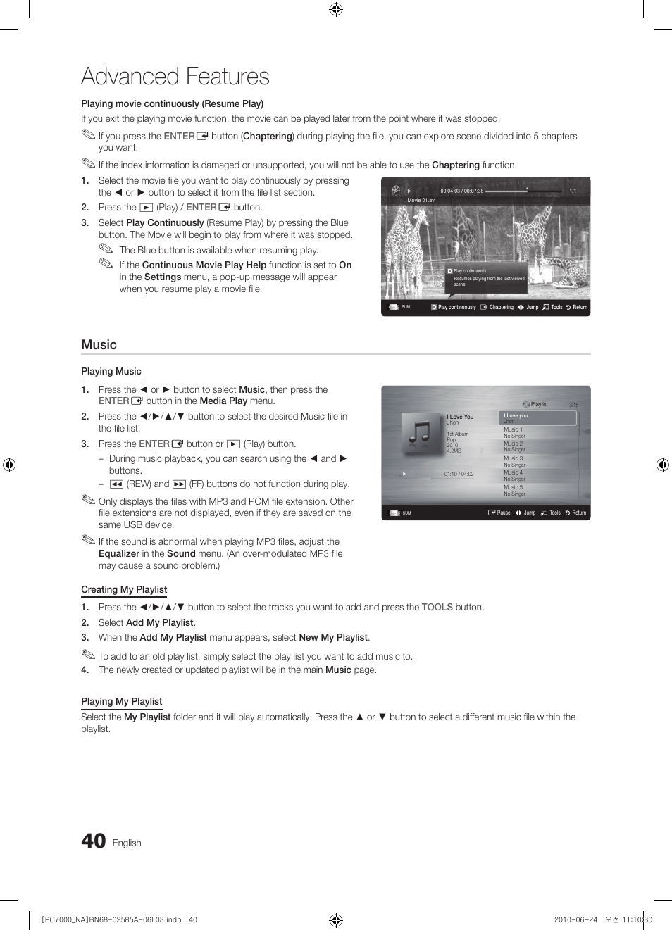 Advanced features, Music | Samsung PN63C7000YFXZA User Manual | Page 40 / 198