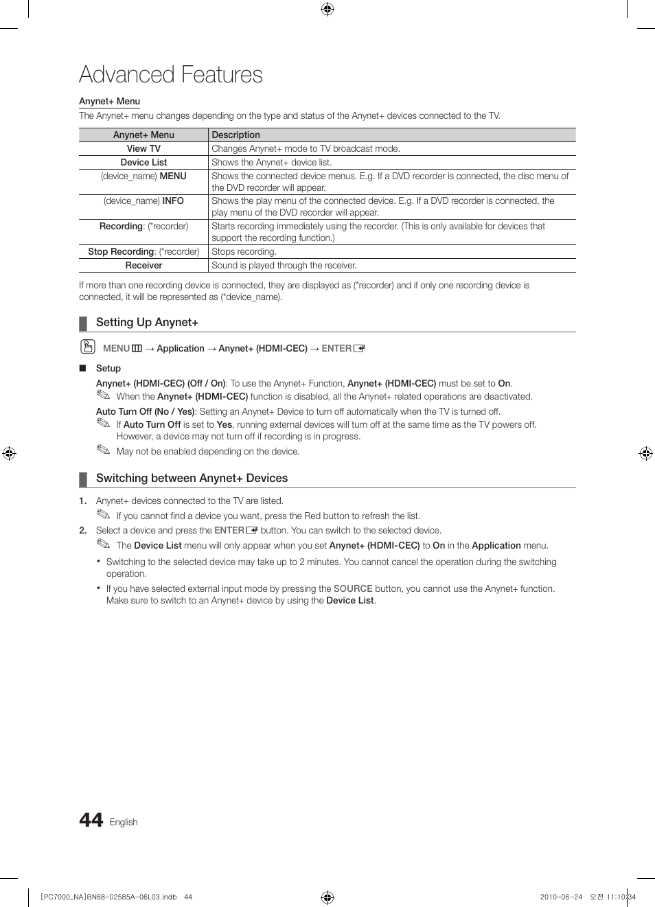 Advanced features | Samsung PN63C7000YFXZA User Manual | Page 44 / 198