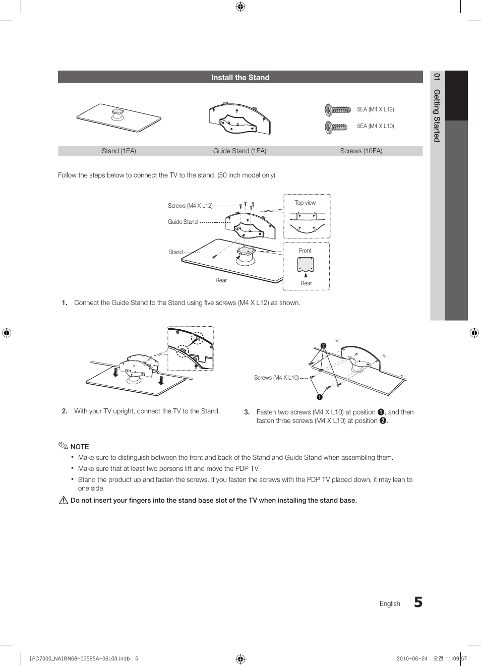 Install the stand, 01 getting started | Samsung PN63C7000YFXZA User Manual | Page 5 / 198