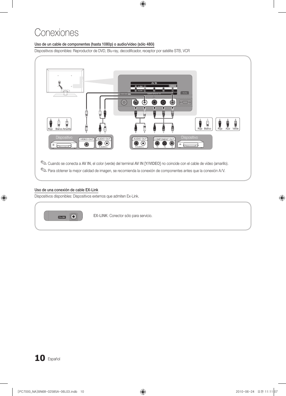 Conexiones, Español, Dispositivo | Samsung PN63C7000YFXZA User Manual | Page 76 / 198