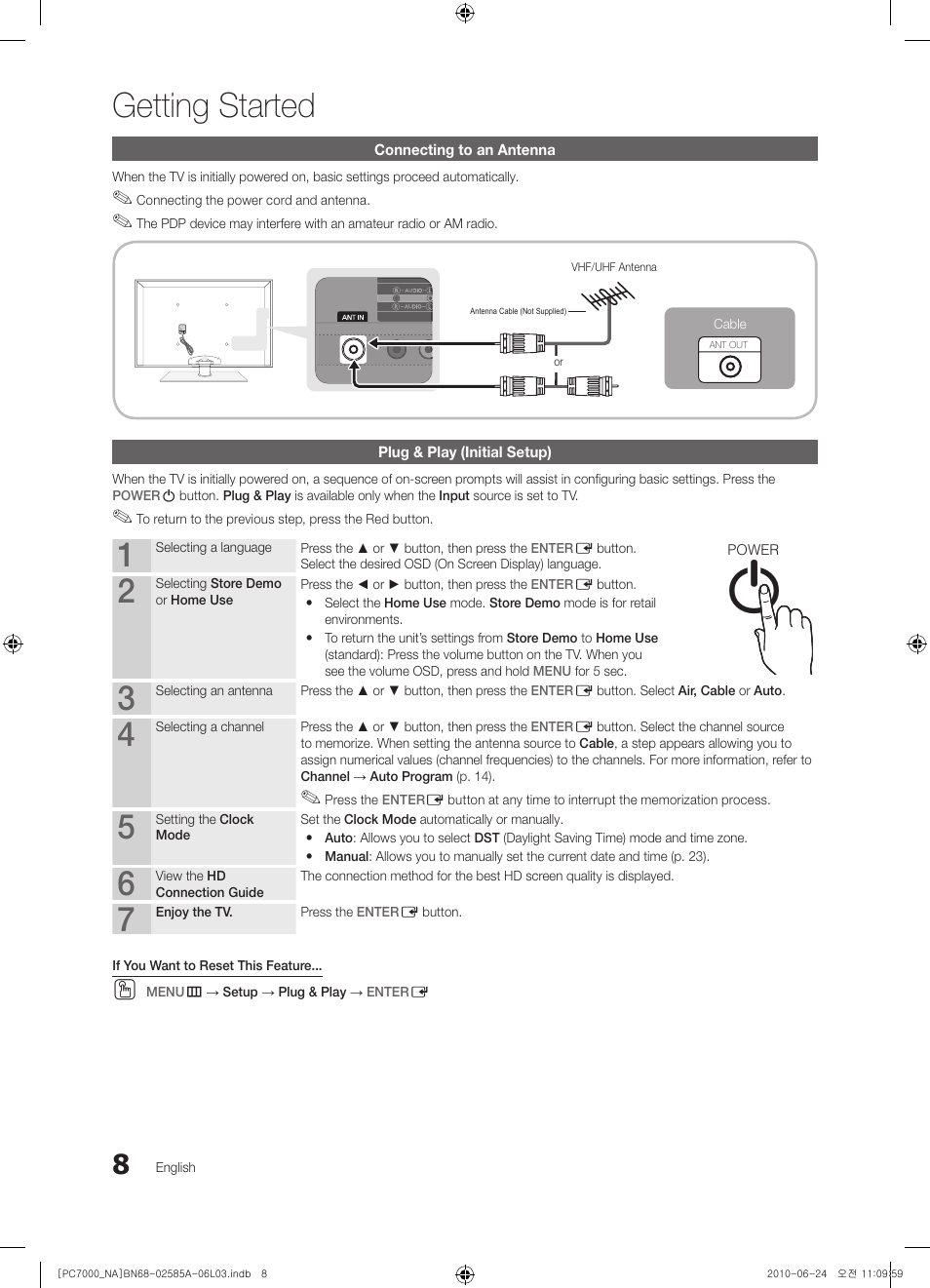 Connecting to an antenna, Plug & play (initial setup), Getting started | Info guide | Samsung PN63C7000YFXZA User Manual | Page 8 / 198
