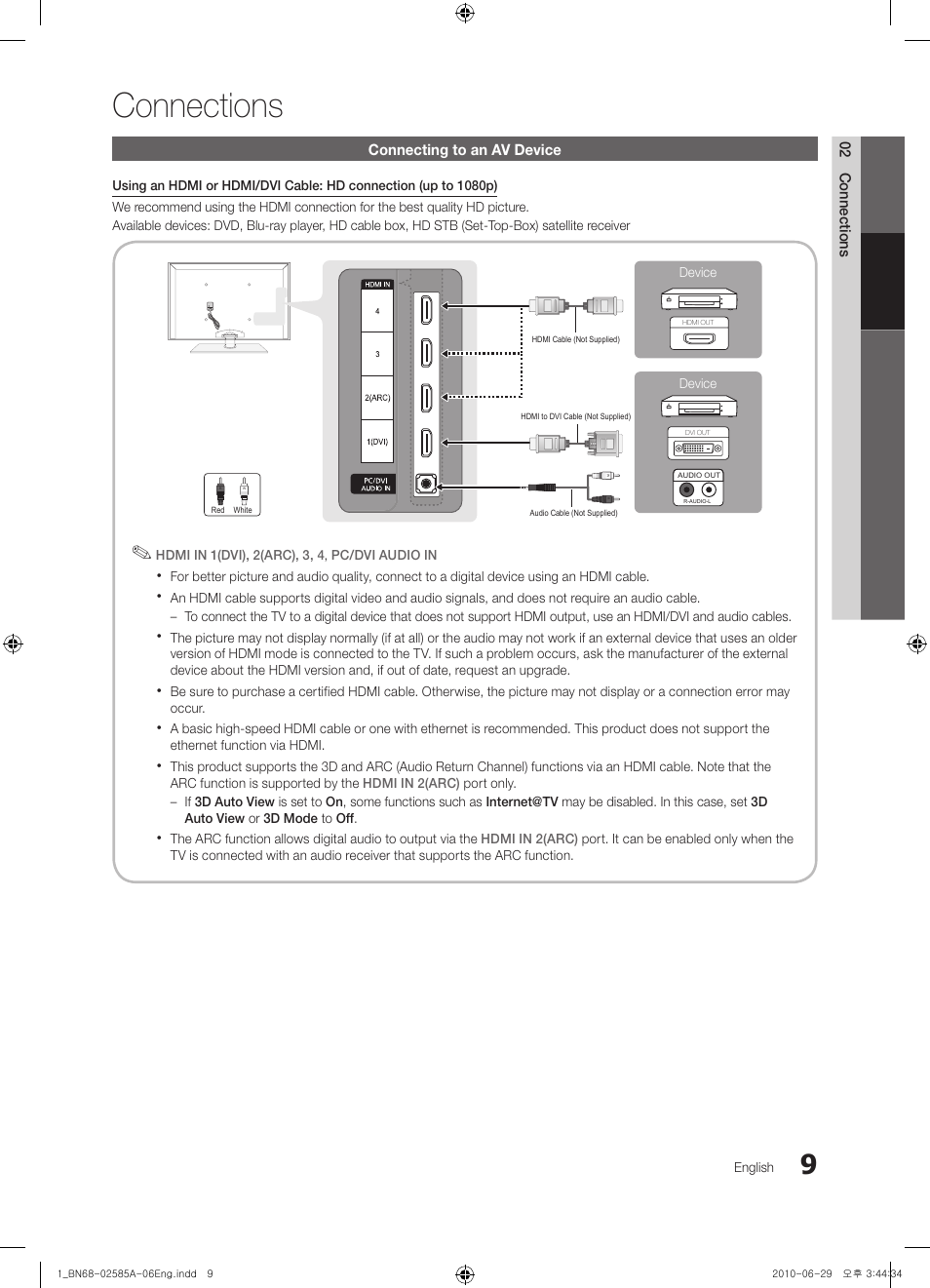 Connections, Connecting to an av device | Samsung PN63C7000YFXZA User Manual | Page 9 / 198