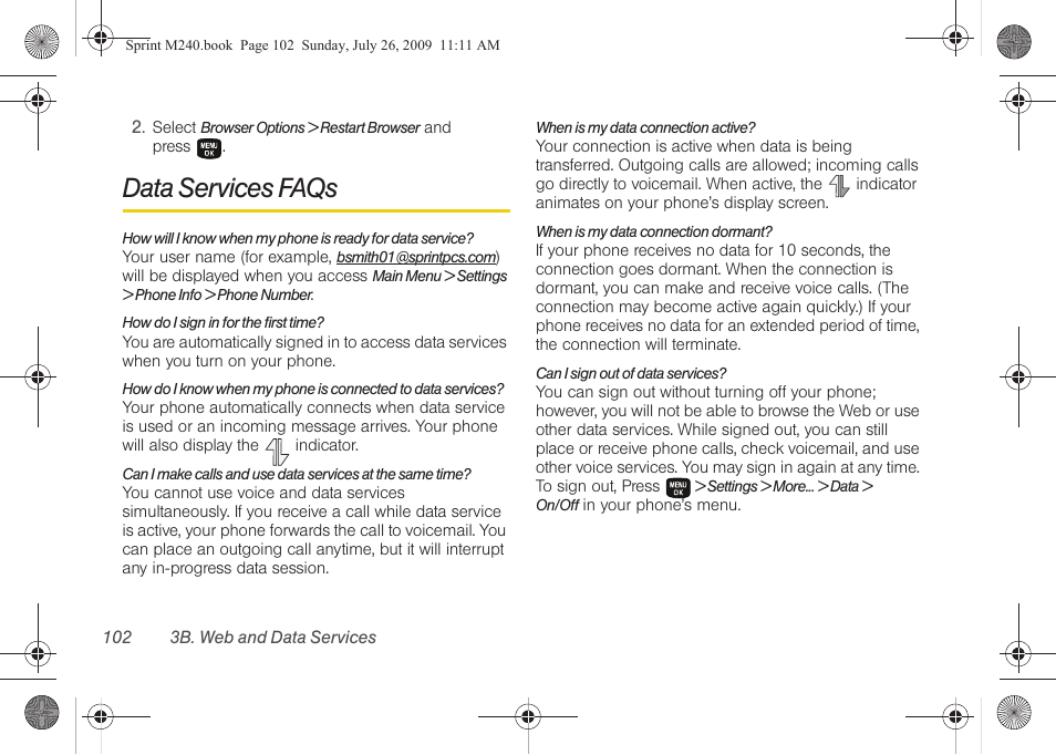 Data services faqs | Samsung SPH-M240ZKASPR User Manual | Page 114 / 137