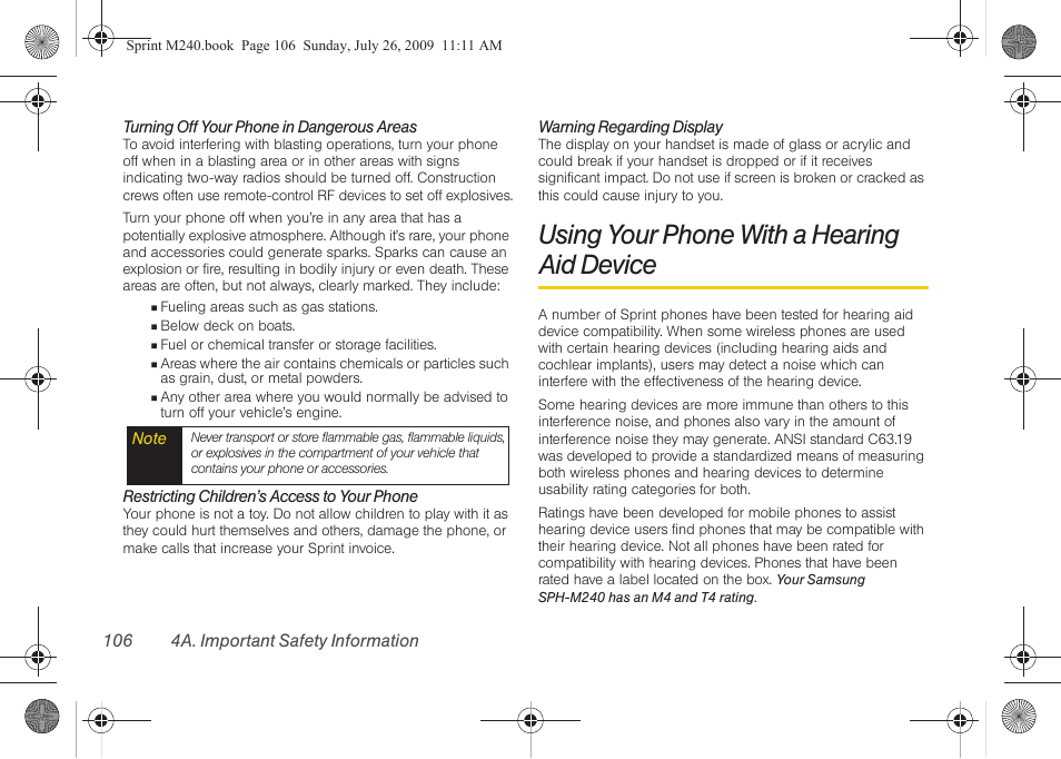 Using your phone with a hearing aid device, Using your phone with a hearing, Aid device | Samsung SPH-M240ZKASPR User Manual | Page 118 / 137