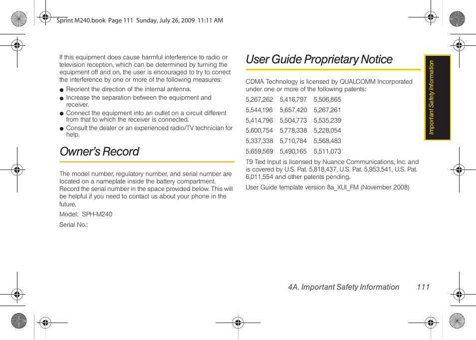Owner’s record, User guide proprietary notice | Samsung SPH-M240ZKASPR User Manual | Page 123 / 137