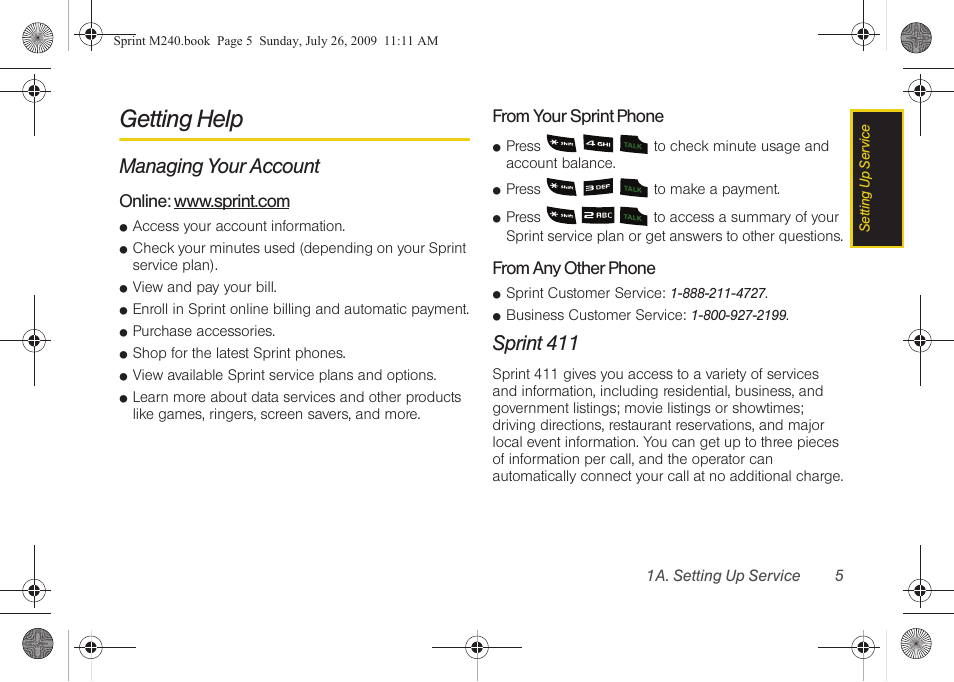 Getting help, Managing your account, Sprint 411 | Samsung SPH-M240ZKASPR User Manual | Page 17 / 137
