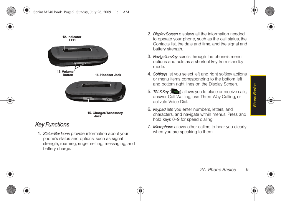 Key functions | Samsung SPH-M240ZKASPR User Manual | Page 21 / 137