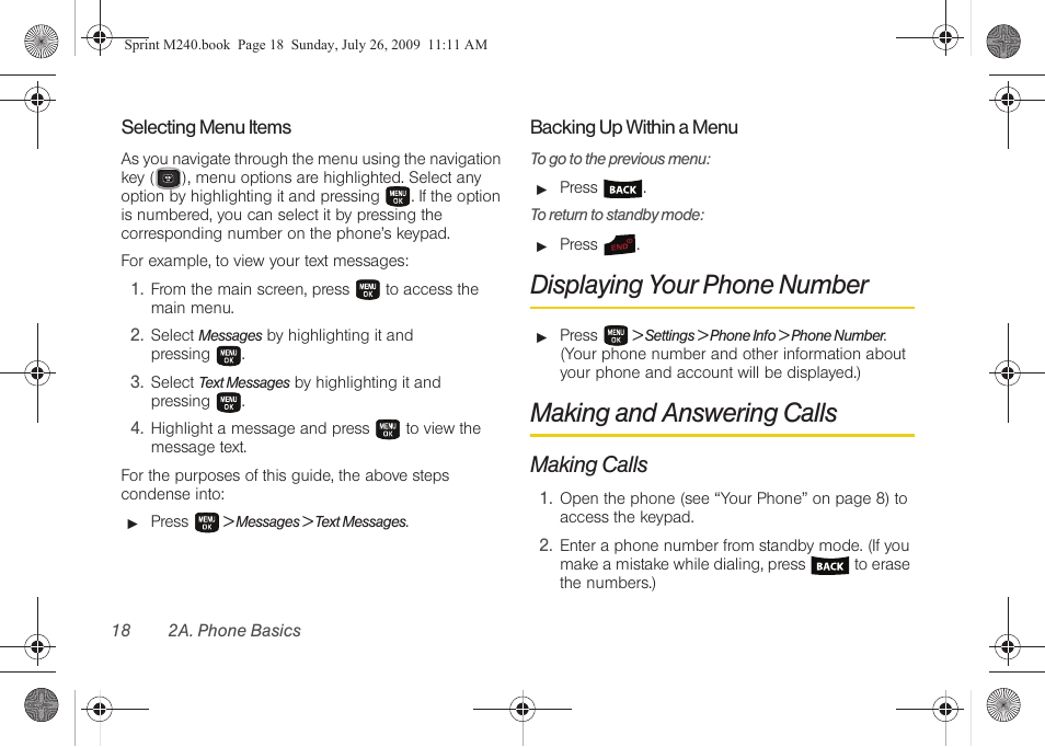 Displaying your phone number, Making and answering calls, Making calls | Samsung SPH-M240ZKASPR User Manual | Page 30 / 137