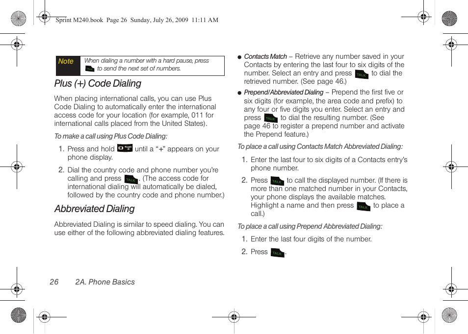 Plus (+) code dialing, Abbreviated dialing | Samsung SPH-M240ZKASPR User Manual | Page 38 / 137