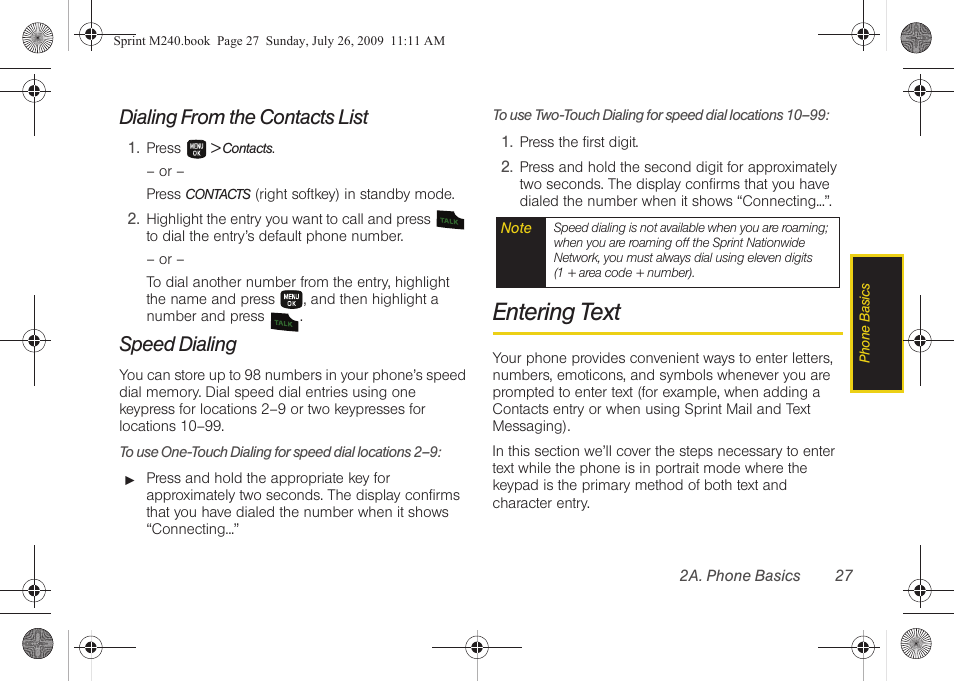 Dialing from the contacts list, Speed dialing, Entering text | Samsung SPH-M240ZKASPR User Manual | Page 39 / 137