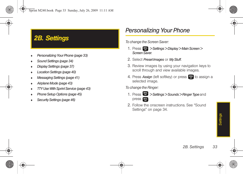 2b. settings, Personalizing your phone | Samsung SPH-M240ZKASPR User Manual | Page 45 / 137