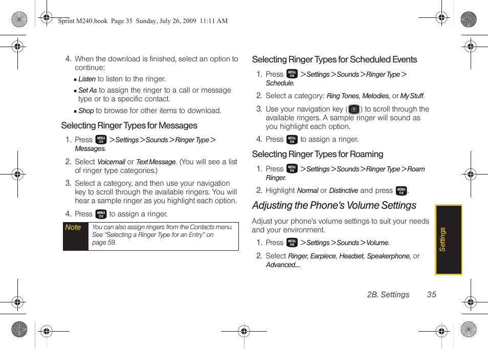 Adjusting the phone’s volume settings | Samsung SPH-M240ZKASPR User Manual | Page 47 / 137