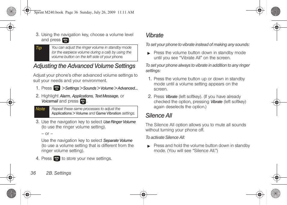 Adjusting the advanced volume settings, Vibrate, Silence all | Samsung SPH-M240ZKASPR User Manual | Page 48 / 137