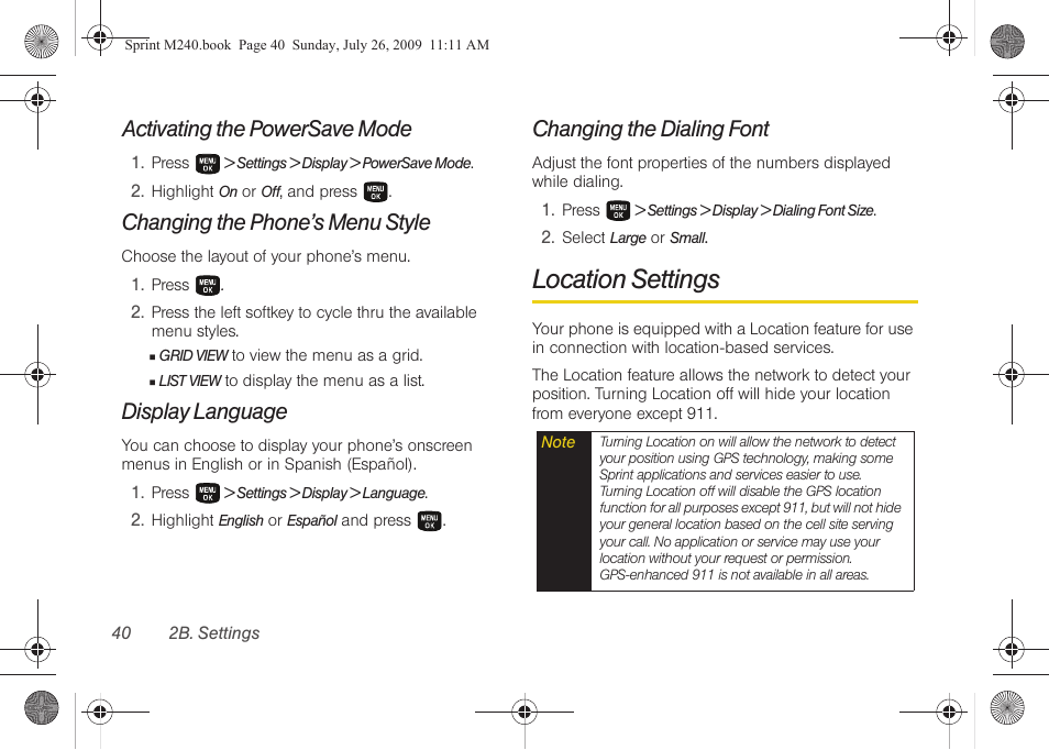 Activating the powersave mode, Changing the phone’s menu style, Display language | Changing the dialing font, Location settings | Samsung SPH-M240ZKASPR User Manual | Page 52 / 137
