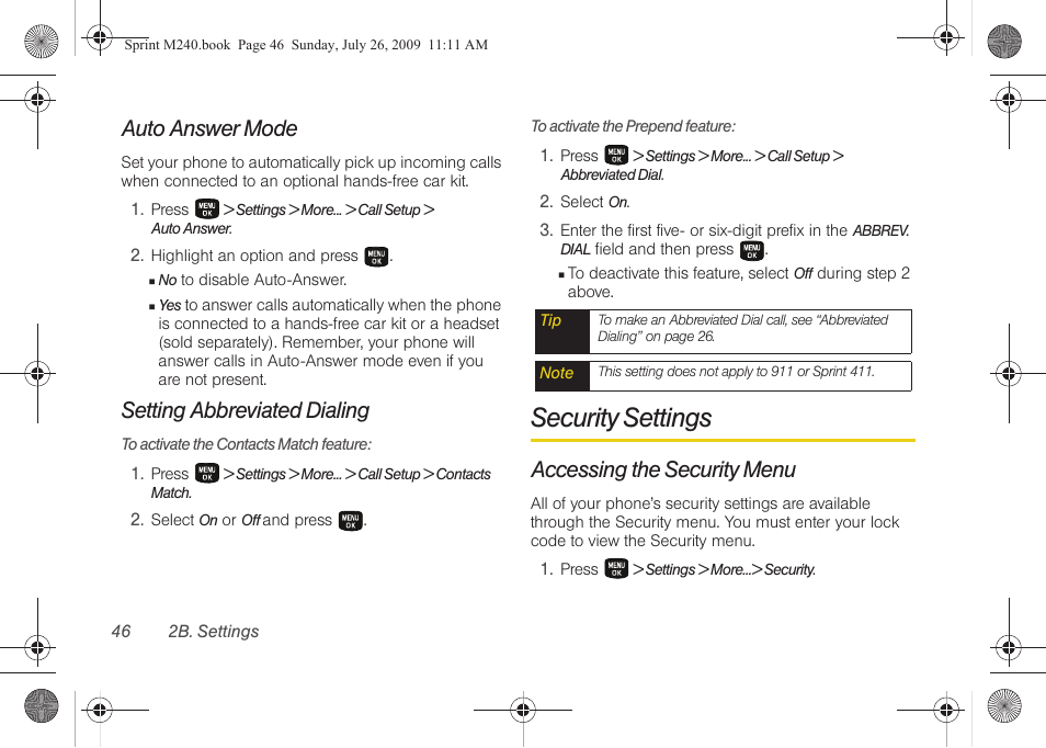 Auto answer mode, Setting abbreviated dialing, Security settings | Accessing the security menu | Samsung SPH-M240ZKASPR User Manual | Page 58 / 137