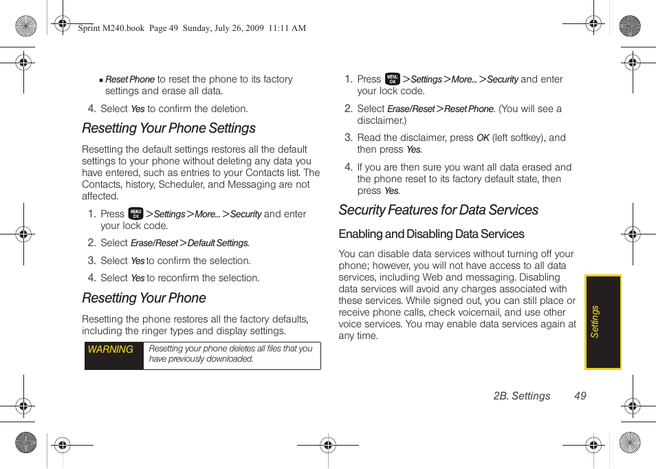 Resetting your phone settings, Resetting your phone, Security features for data services | Samsung SPH-M240ZKASPR User Manual | Page 61 / 137