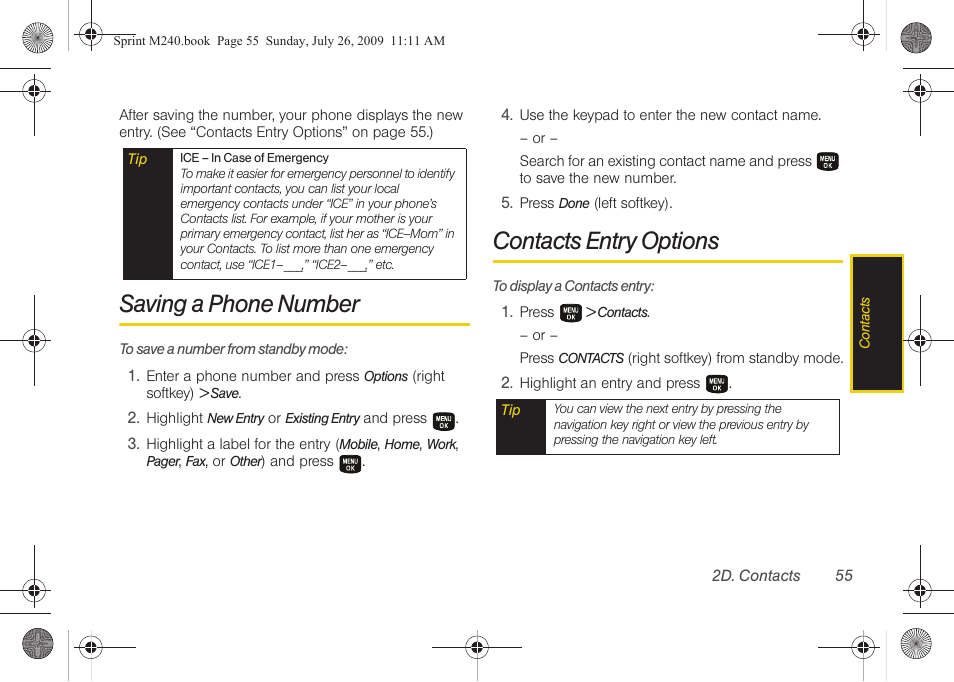 Saving a phone number, Contacts entry options | Samsung SPH-M240ZKASPR User Manual | Page 67 / 137