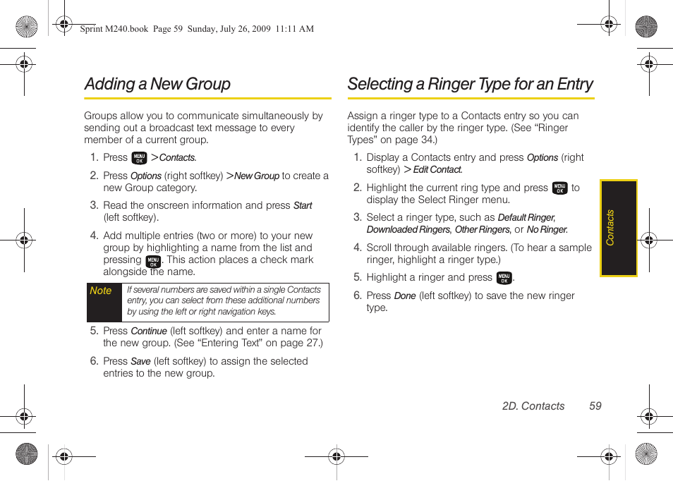 Adding a new group, Selecting a ringer type for an entry | Samsung SPH-M240ZKASPR User Manual | Page 71 / 137
