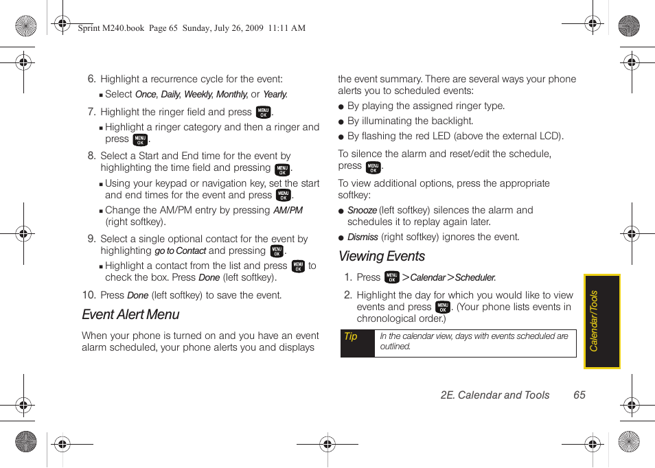 Event alert menu, Viewing events | Samsung SPH-M240ZKASPR User Manual | Page 77 / 137
