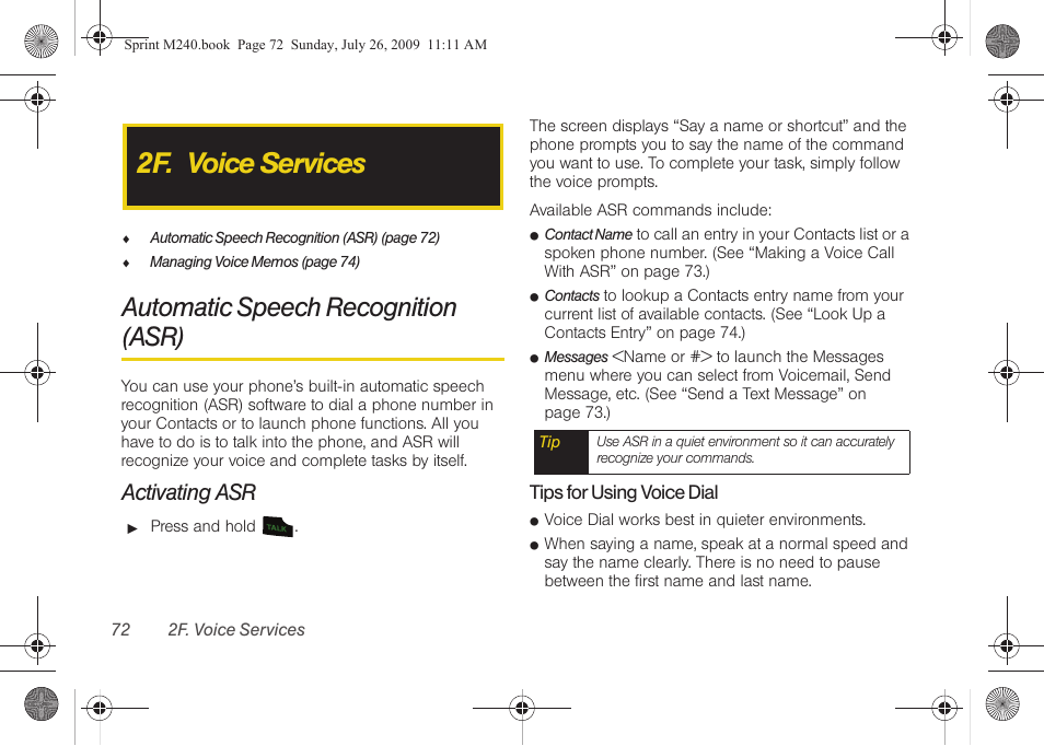 2f. voice services, Automatic speech recognition (asr), Activating asr | Samsung SPH-M240ZKASPR User Manual | Page 84 / 137