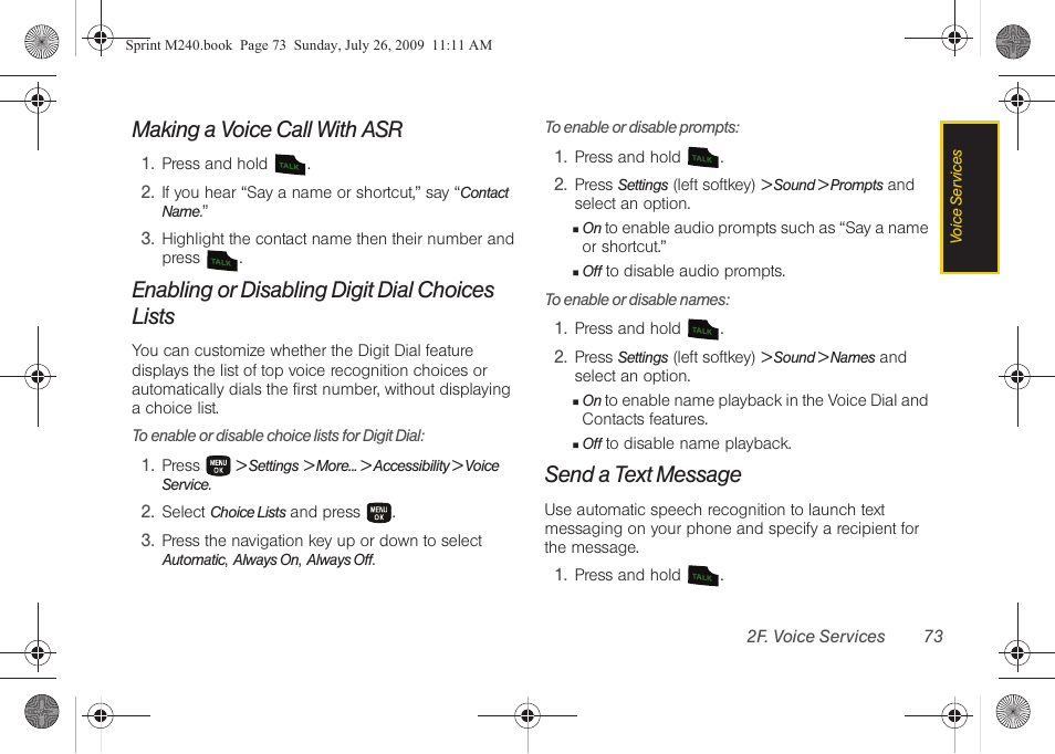 Making a voice call with asr, Enabling or disabling digit dial choices lists, Send a text message | Samsung SPH-M240ZKASPR User Manual | Page 85 / 137