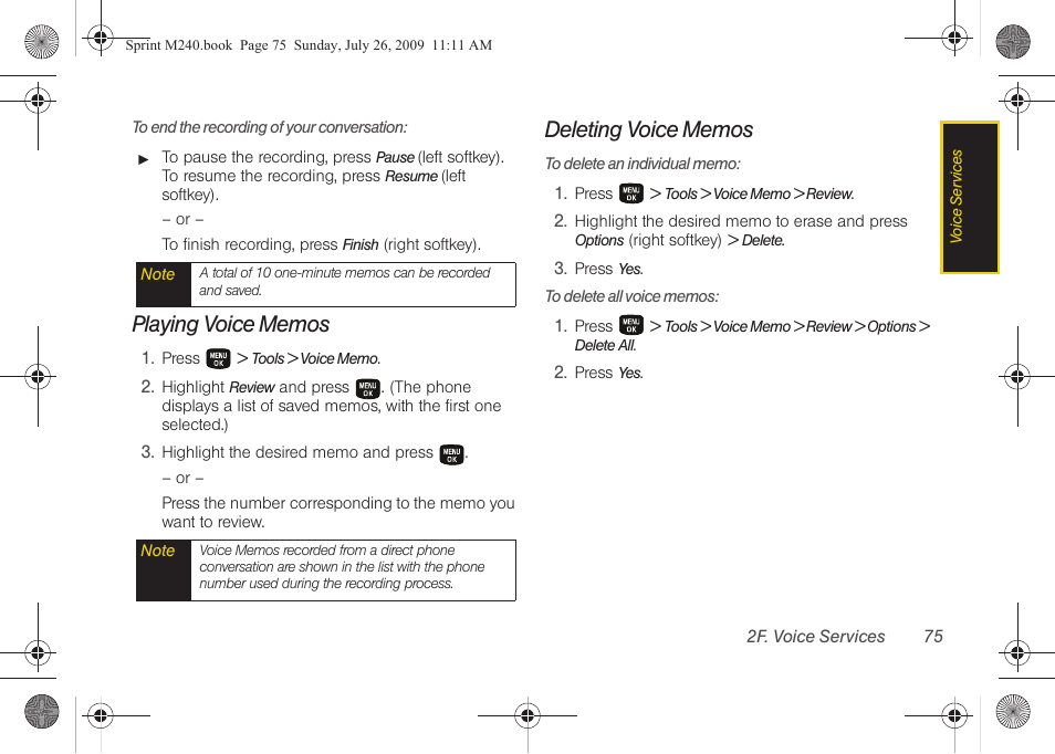 Playing voice memos, Deleting voice memos | Samsung SPH-M240ZKASPR User Manual | Page 87 / 137