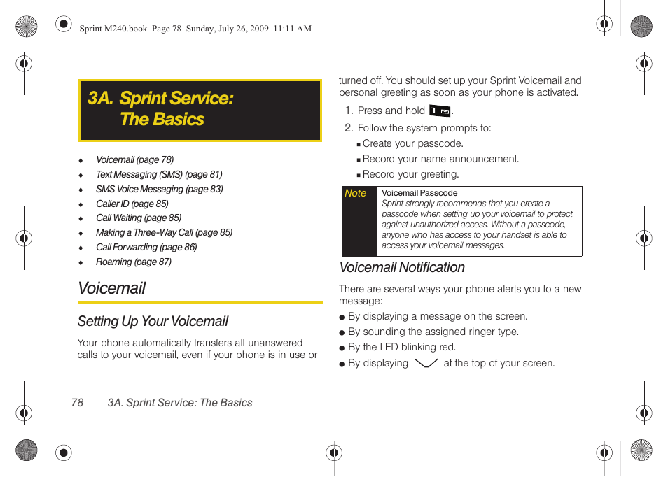 3a. sprint service: the basics, Voicemail, Setting up your voicemail | Voicemail notification | Samsung SPH-M240ZKASPR User Manual | Page 90 / 137