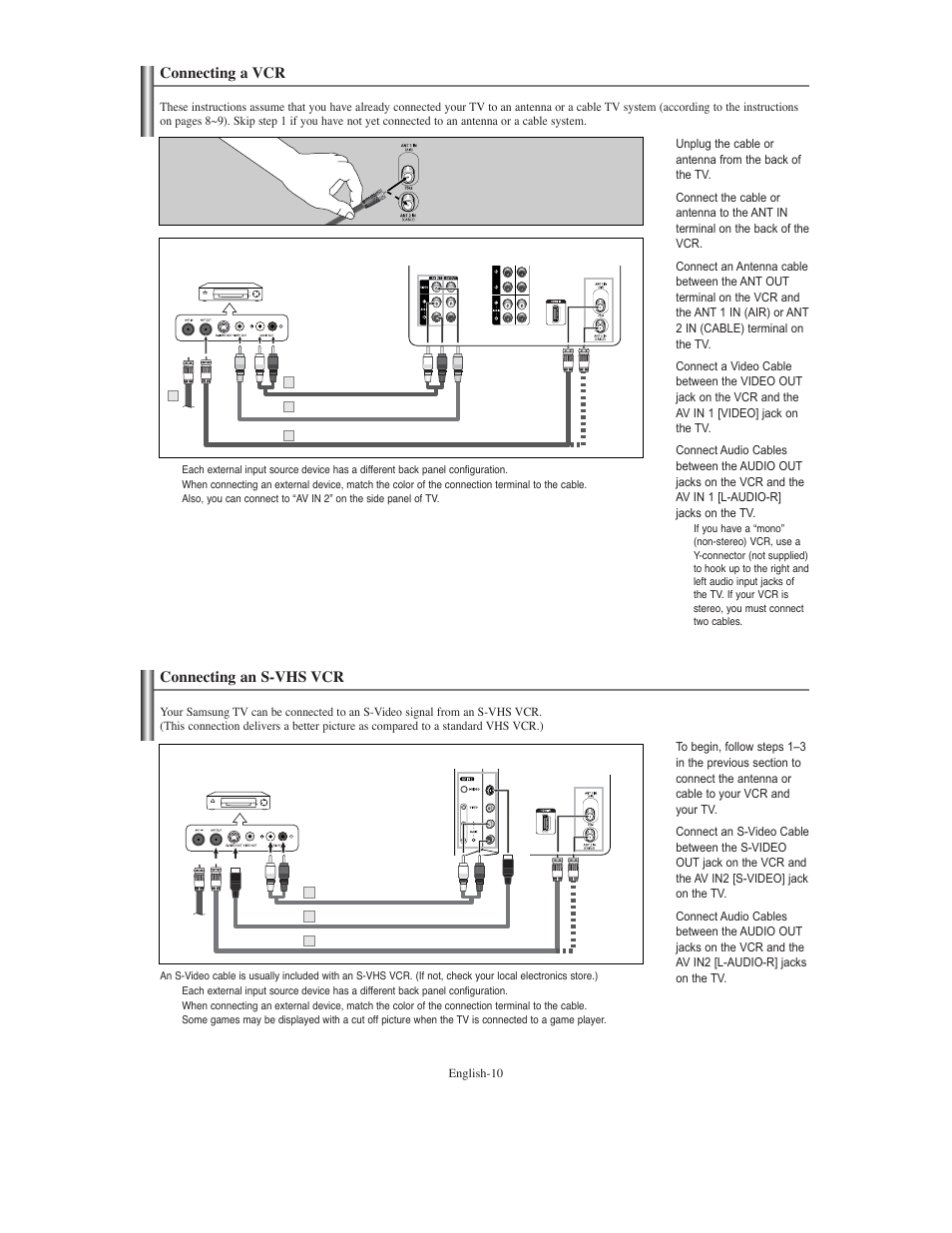 Connecting a vcr, Connecting an s-vhs vcr | Samsung TXS3079WHX-XAA User Manual | Page 10 / 52