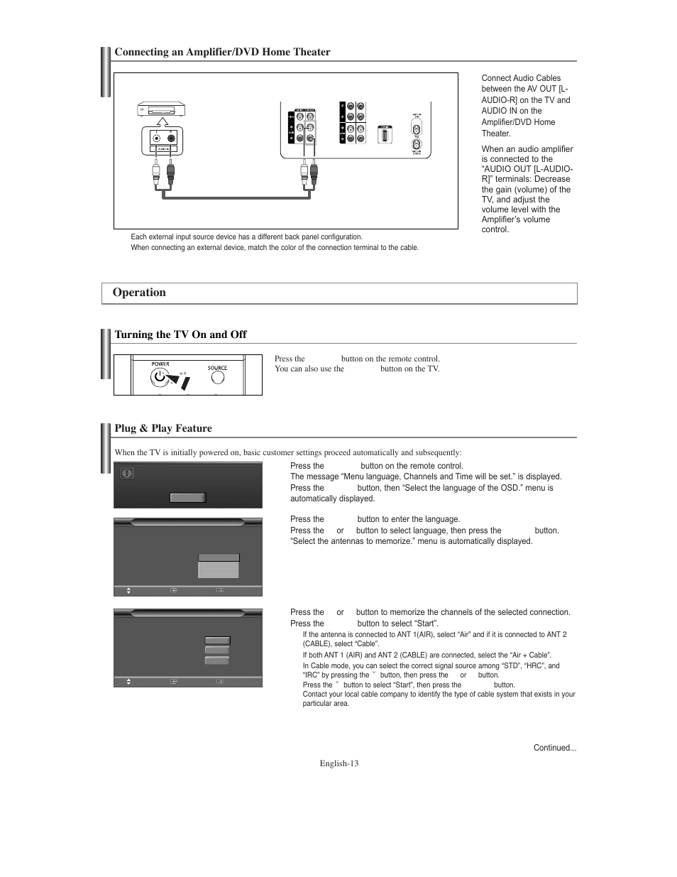 Connecting an amplifier/dvd home theater, Operation, Turning the tv on and off | Plug & play feature | Samsung TXS3079WHX-XAA User Manual | Page 13 / 52