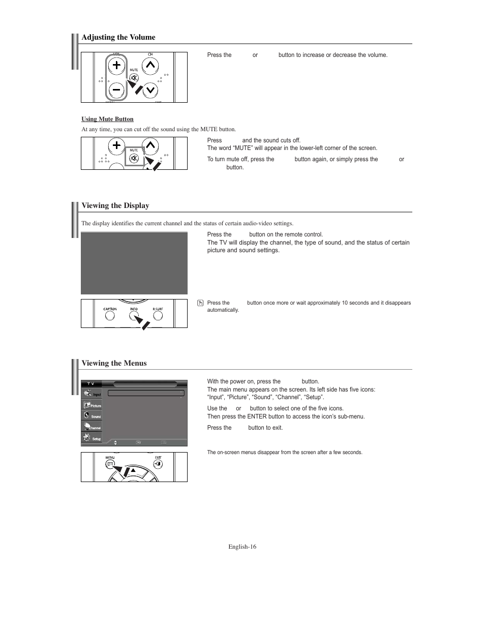 Adjusting the volume, Viewing the display, Viewing the menus | Viewing the display adjusting the volume | Samsung TXS3079WHX-XAA User Manual | Page 16 / 52