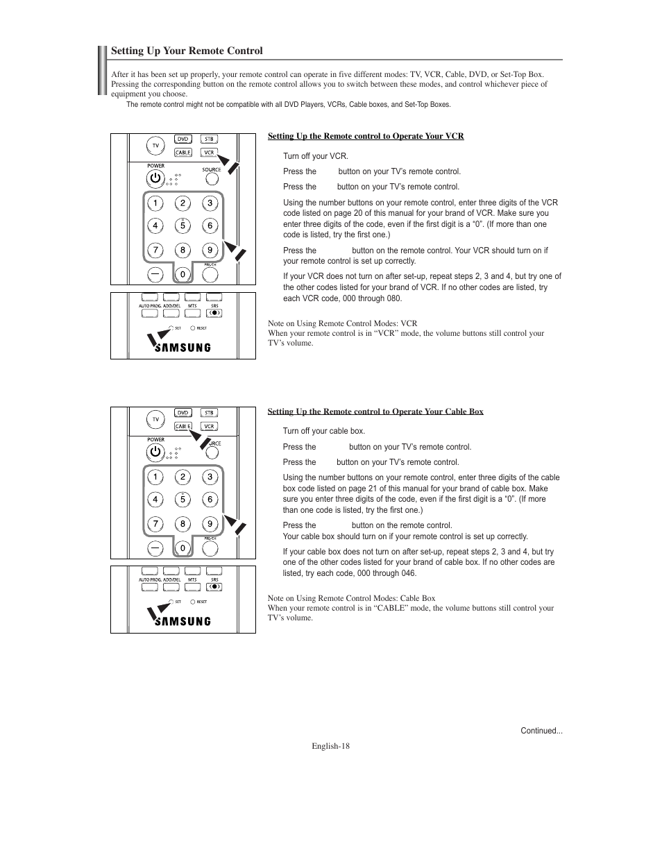 Setting up your remote control | Samsung TXS3079WHX-XAA User Manual | Page 18 / 52