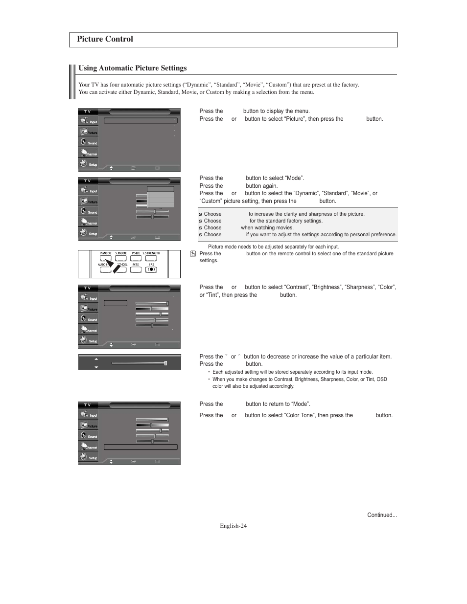 Picture control, Using automatic picture settings | Samsung TXS3079WHX-XAA User Manual | Page 24 / 52