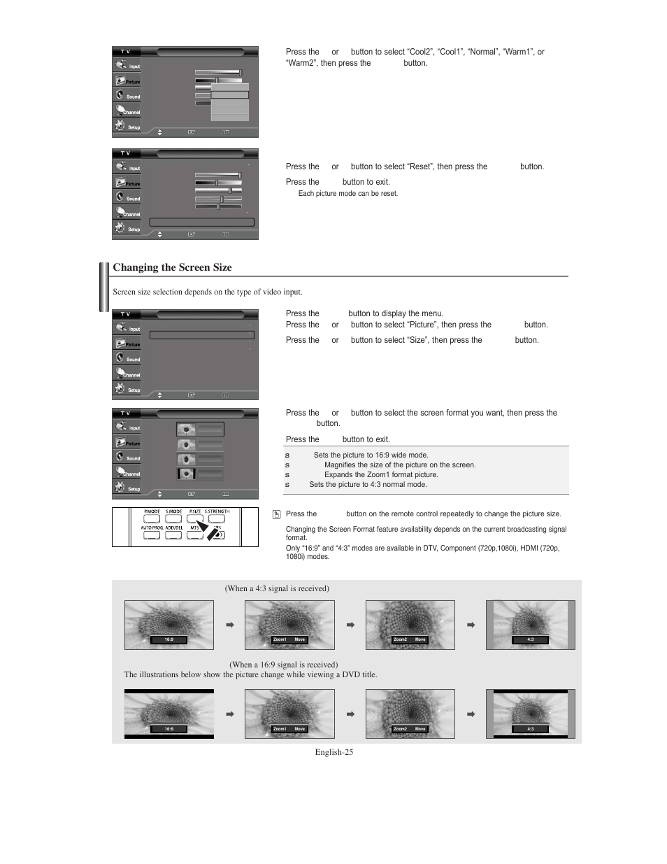 Changing the screen size | Samsung TXS3079WHX-XAA User Manual | Page 25 / 52