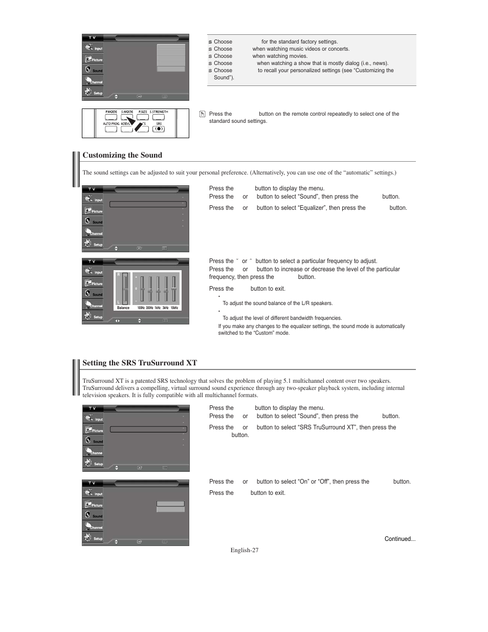 Customizing the sound, Setting the srs trusurround xt | Samsung TXS3079WHX-XAA User Manual | Page 27 / 52