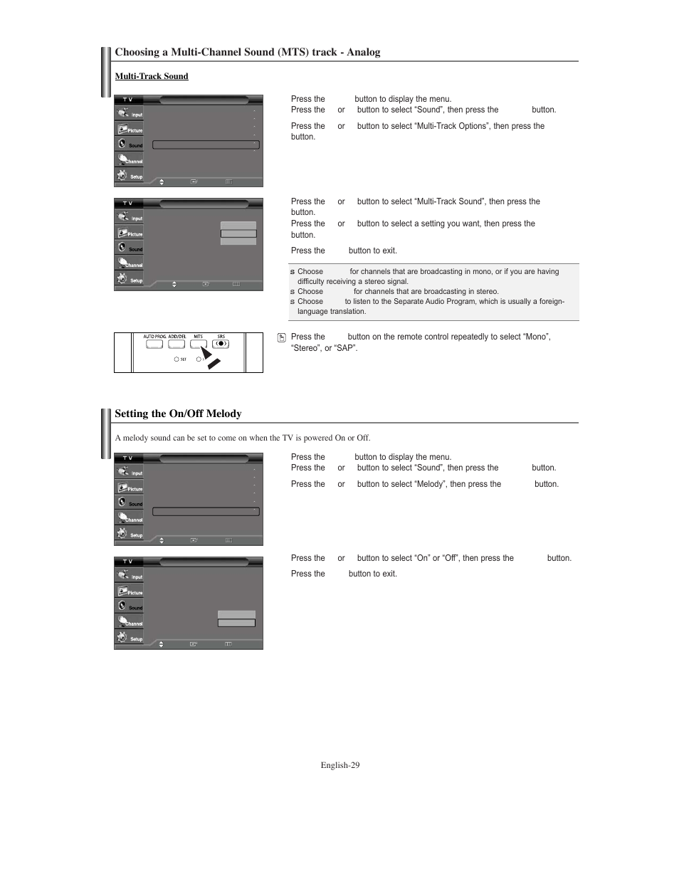 Setting the on/off melody | Samsung TXS3079WHX-XAA User Manual | Page 29 / 52