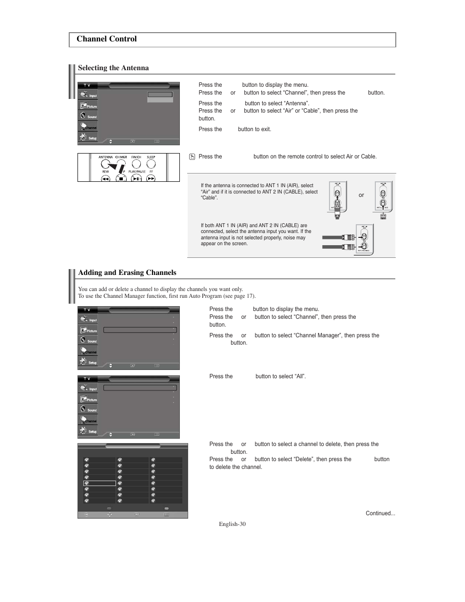 Channel control, Selecting the antenna, Adding and erasing channels | Selecting the antenna adding and erasing channels | Samsung TXS3079WHX-XAA User Manual | Page 30 / 52