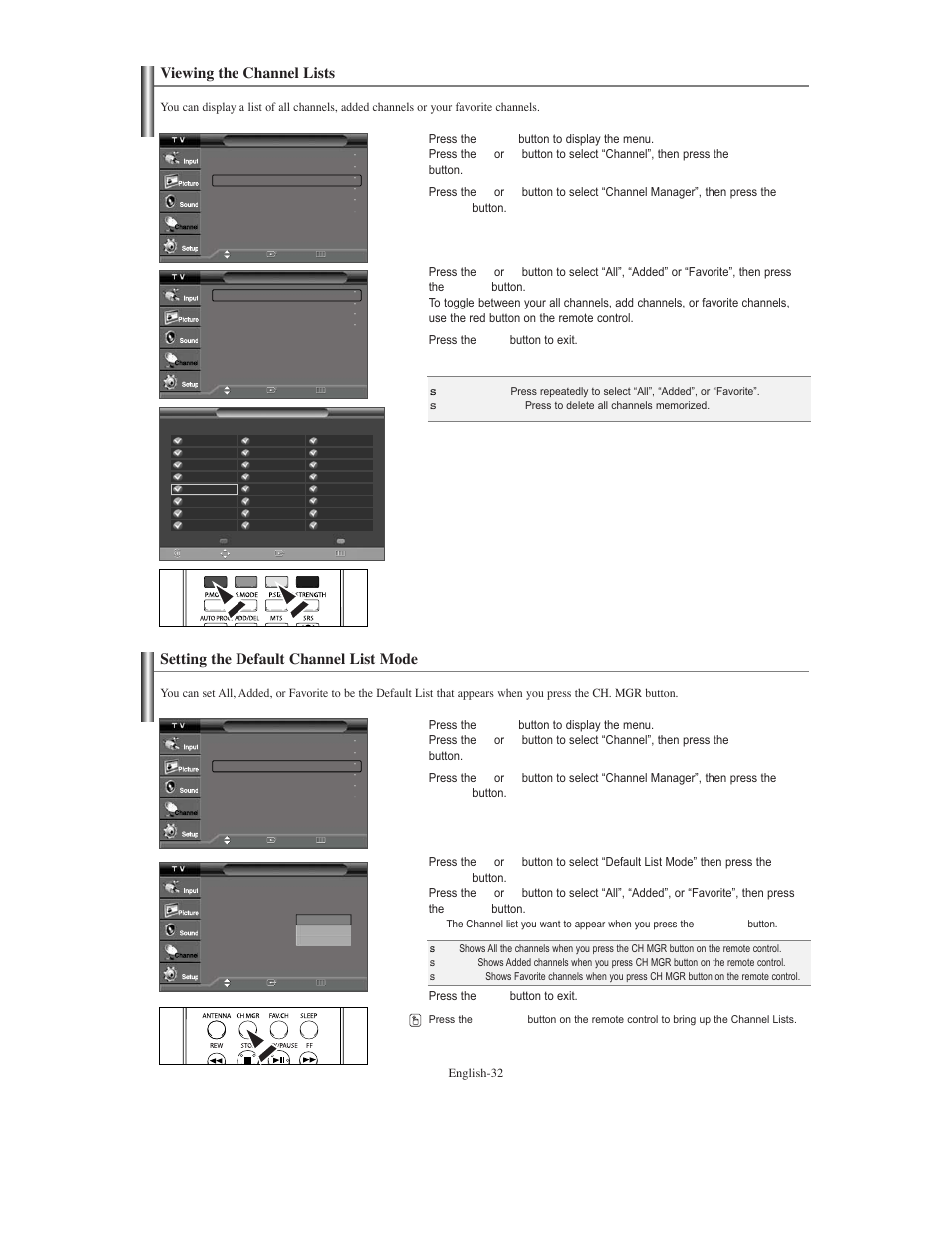 Viewing the channel lists, Setting the default channel list mode | Samsung TXS3079WHX-XAA User Manual | Page 32 / 52