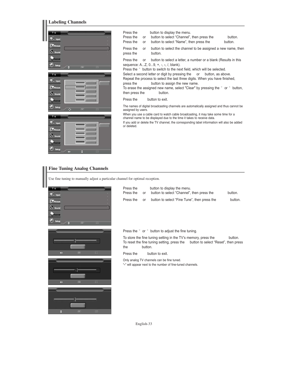 Labeling channels, Fine tuning analog channels | Samsung TXS3079WHX-XAA User Manual | Page 33 / 52