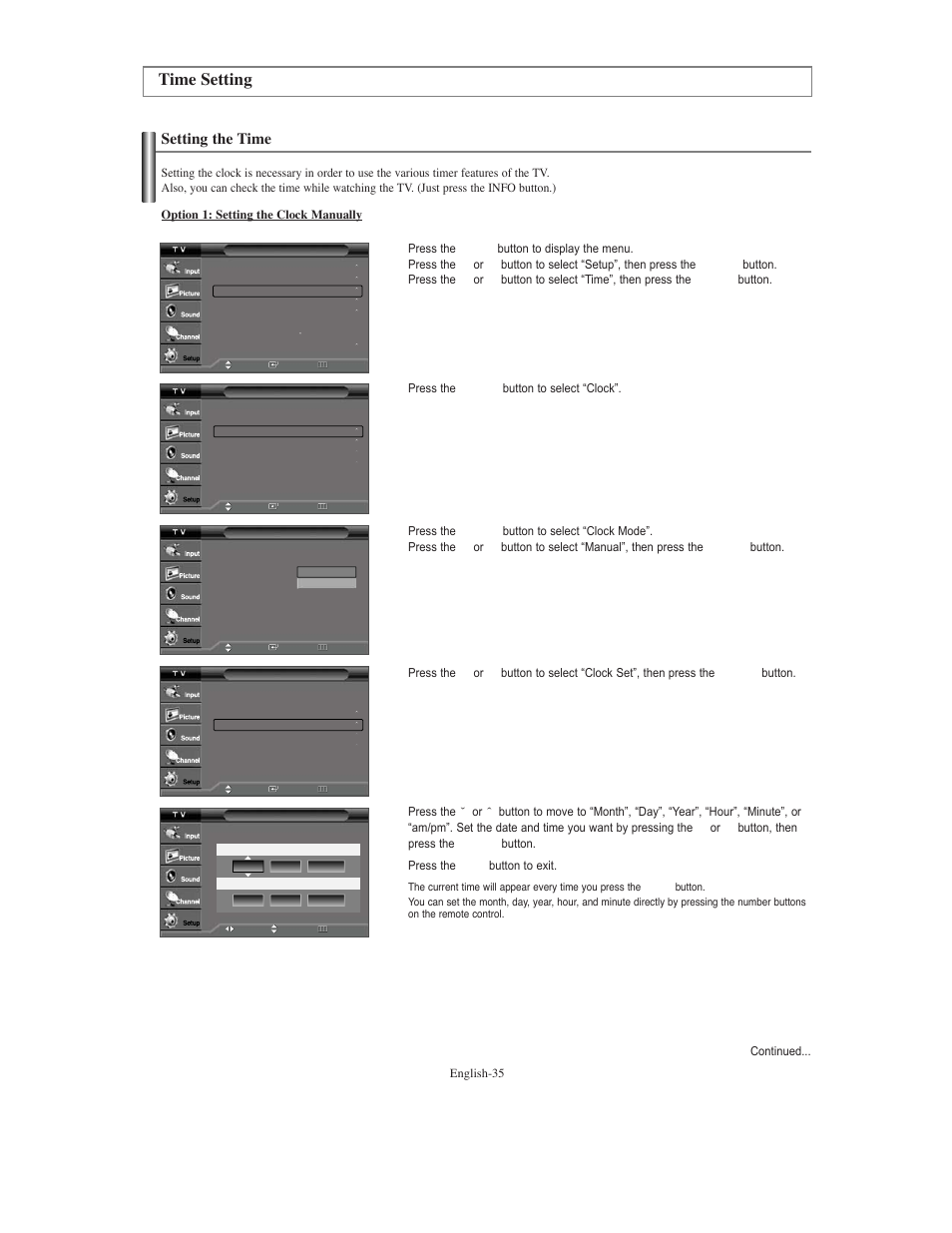 Time setting, Setting the time | Samsung TXS3079WHX-XAA User Manual | Page 35 / 52