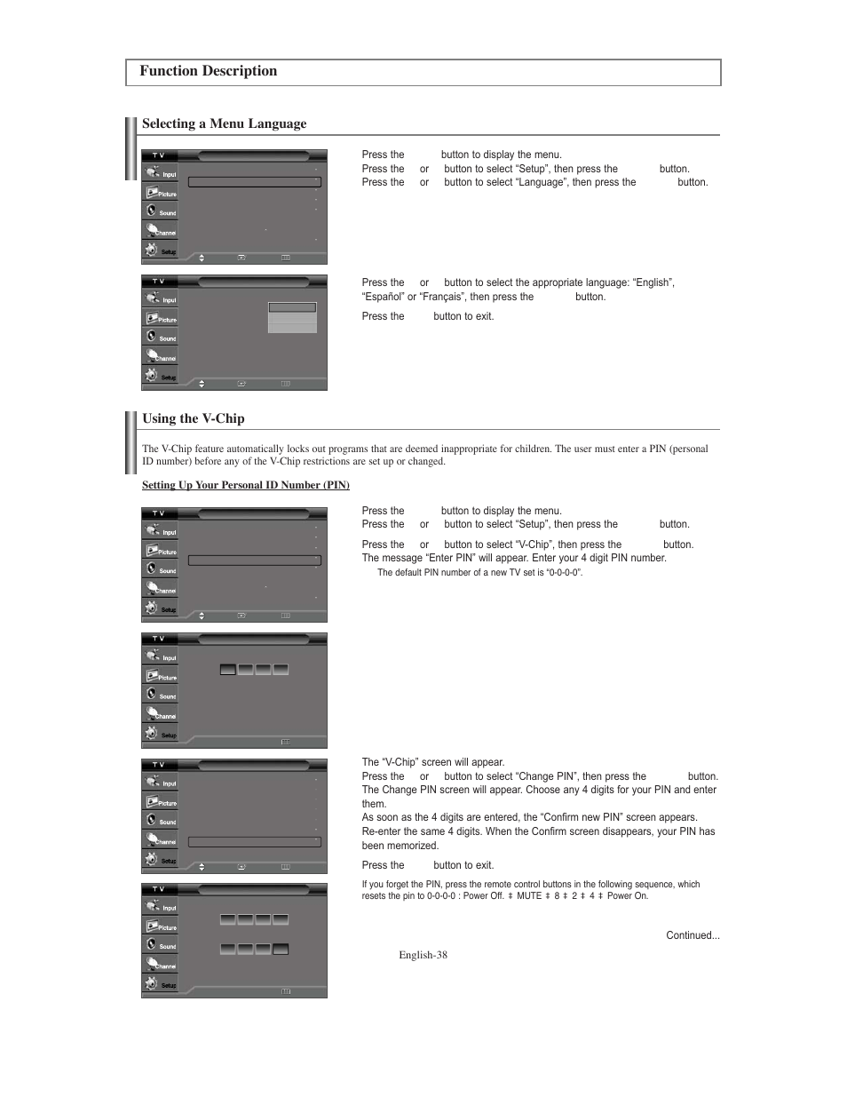 Function description, Selecting a menu language, Using the v-chip | Samsung TXS3079WHX-XAA User Manual | Page 38 / 52