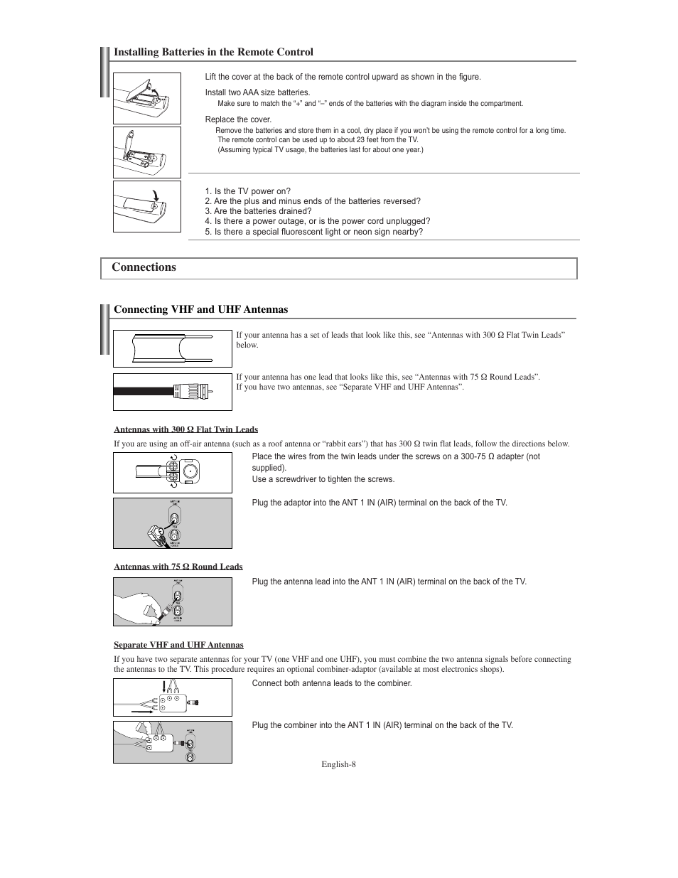 Installing batteries in the remote control, Connections, Connecting vhf and uhf antennas | Samsung TXS3079WHX-XAA User Manual | Page 8 / 52