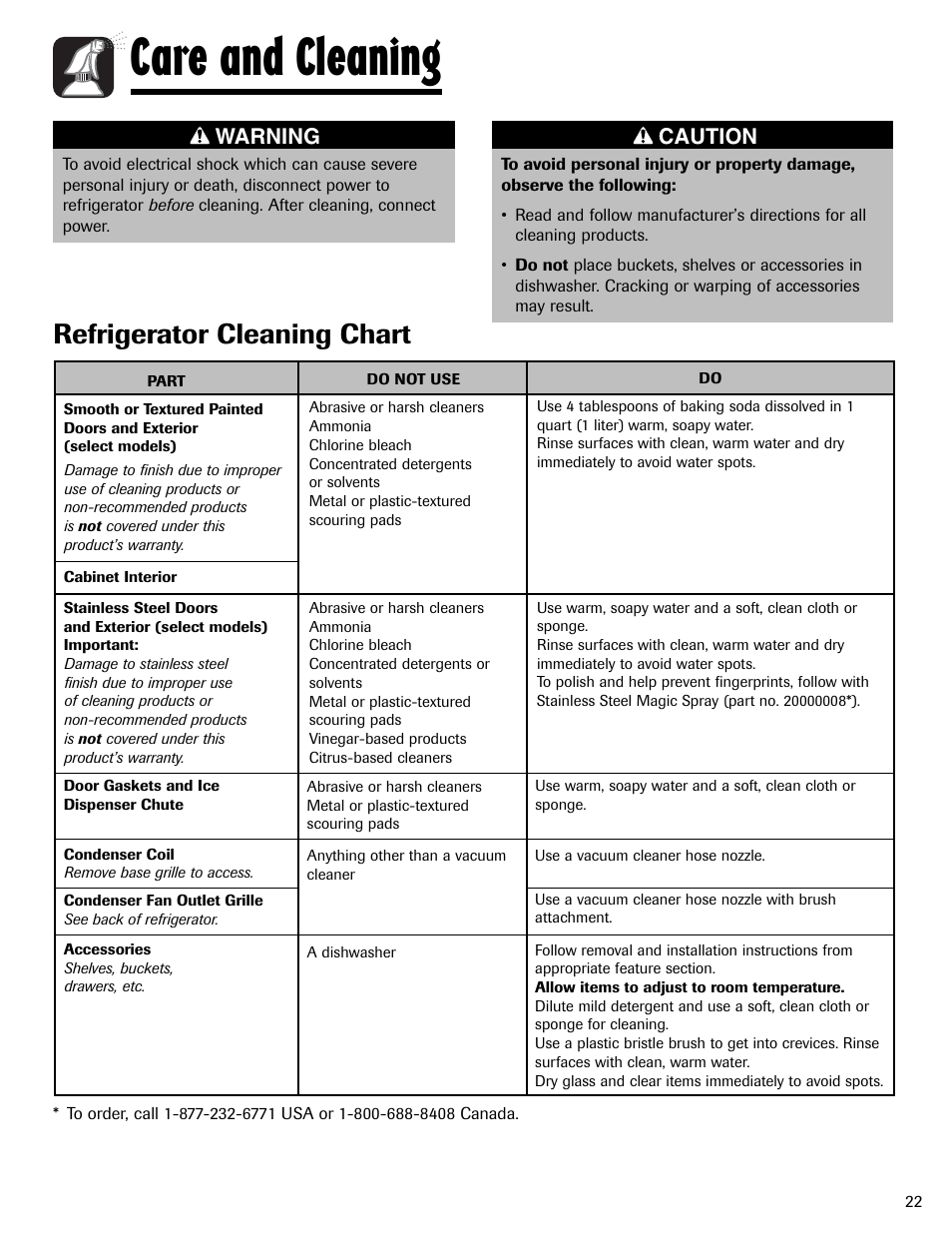 Care and cleaning, Refrigerator cleaning chart, Warning | Caution | Amana AFI2538AEW User Manual | Page 23 / 96