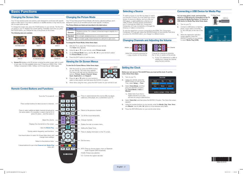 Basic functions, Setting the clock, Connecting a usb device for media play | Remote control buttons and functions, Changing the picture mode, Viewing the on screen menus, Changing the screen size, Selecting a source, Changing channels and adjusting the volume | Samsung LN19D450G1DXZA User Manual | Page 2 / 2