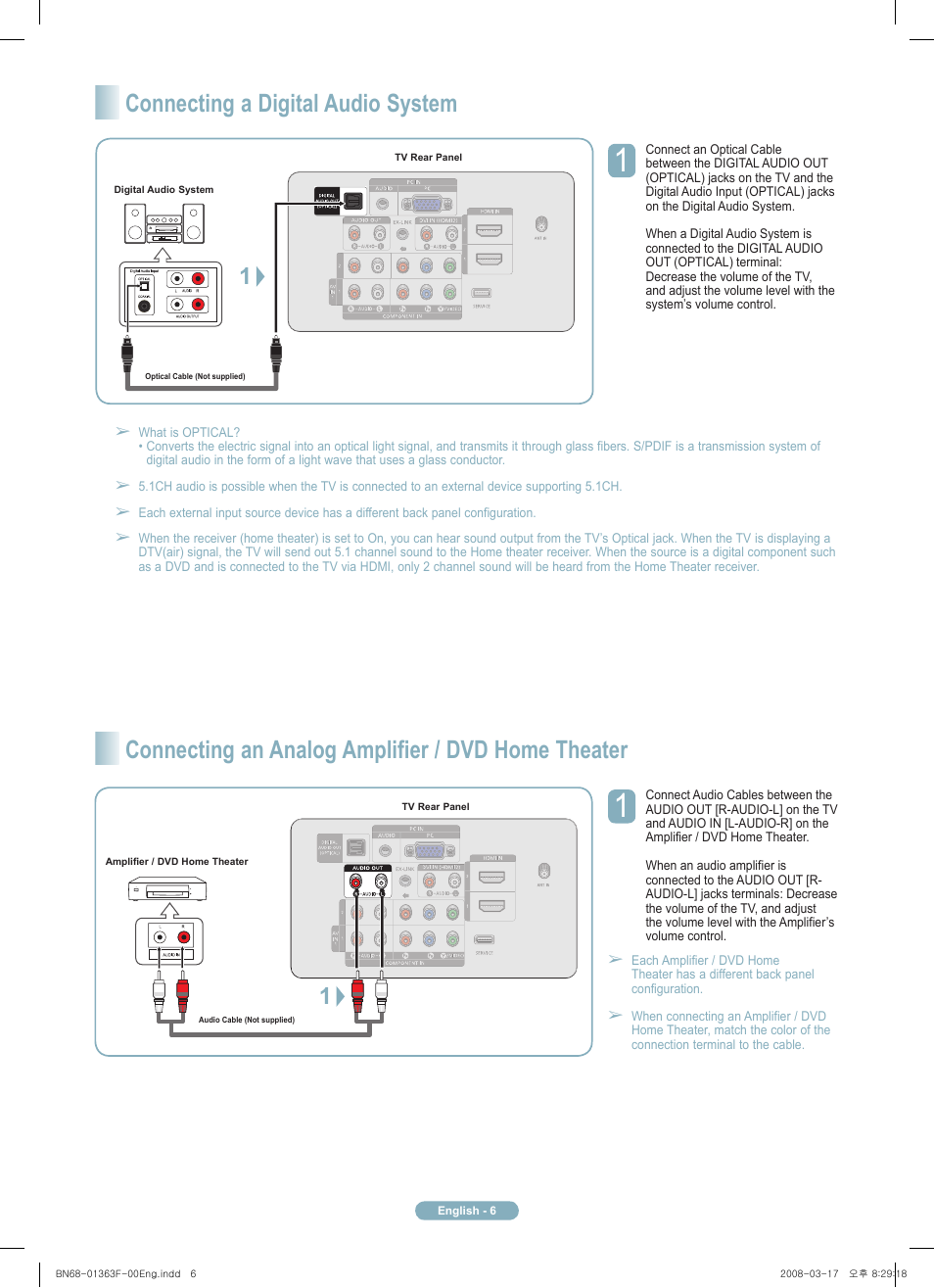Connecting a digital audio system, Connecting an analog amplifier / dvd home theater | Samsung PN42A410C1DXZA User Manual | Page 6 / 12