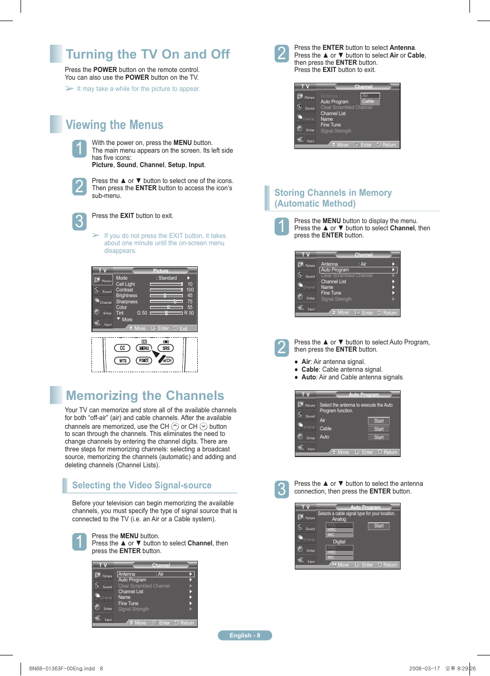 Turning the tv on and off viewing the menus, Selecting the video signal-source | Samsung PN42A410C1DXZA User Manual | Page 8 / 12