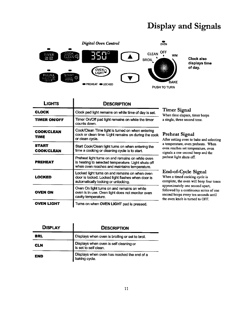 Display and signals, Timer signal, Preheat signal | End-of-cycle signal, Distal oven control | Amana THE BIG OVEN ACF4215A User Manual | Page 11 / 28