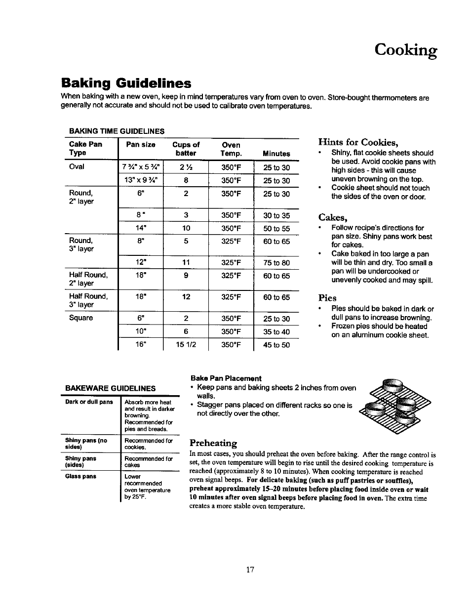 Cooking, Baking guidelines, Hints for cookies | Cakes, Pies, Bake pan placement, Preheating | Amana THE BIG OVEN ACF4215A User Manual | Page 17 / 28