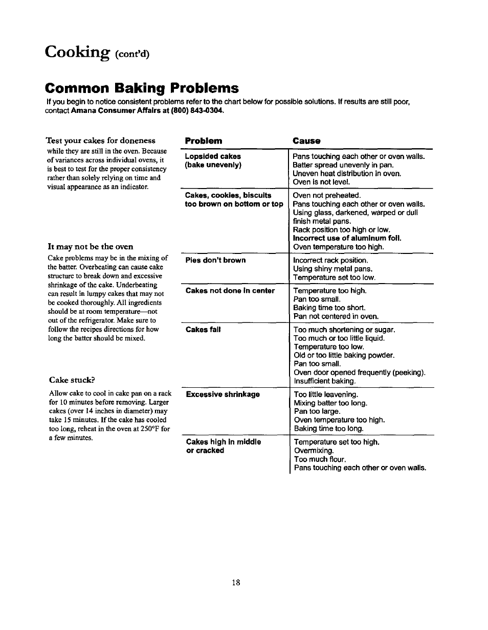 Common baking problems, Cooking, Contad) | Amana THE BIG OVEN ACF4215A User Manual | Page 18 / 28